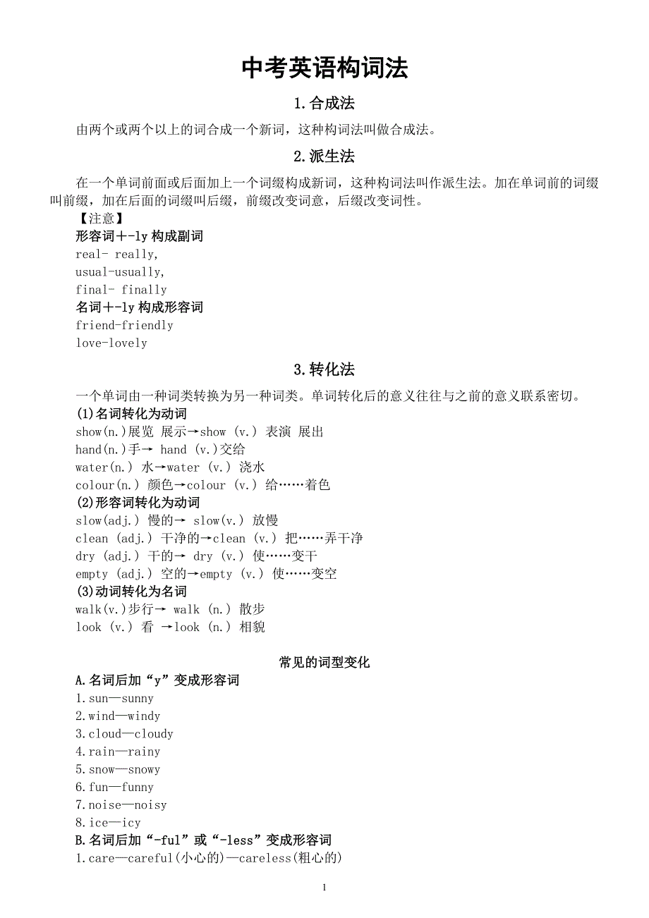 初中英语中考复习构词法讲解（合成法+派生法+转化法）_第1页