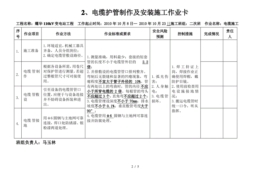 电缆敷设、二次接线施工作业卡1_第2页