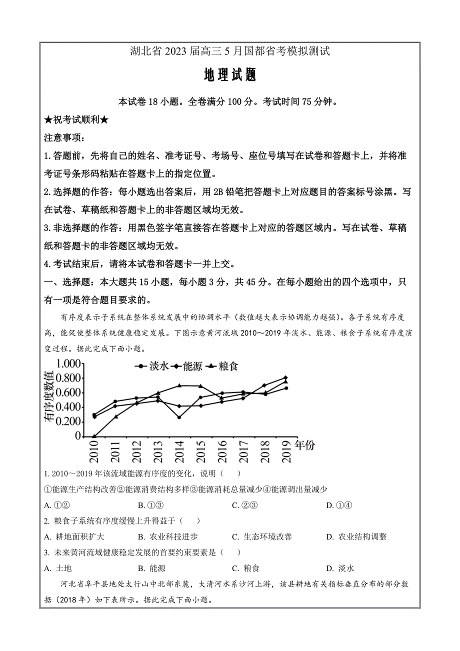 湖北省国都省考2023届高三5月模拟考试地理（原卷版）_第1页