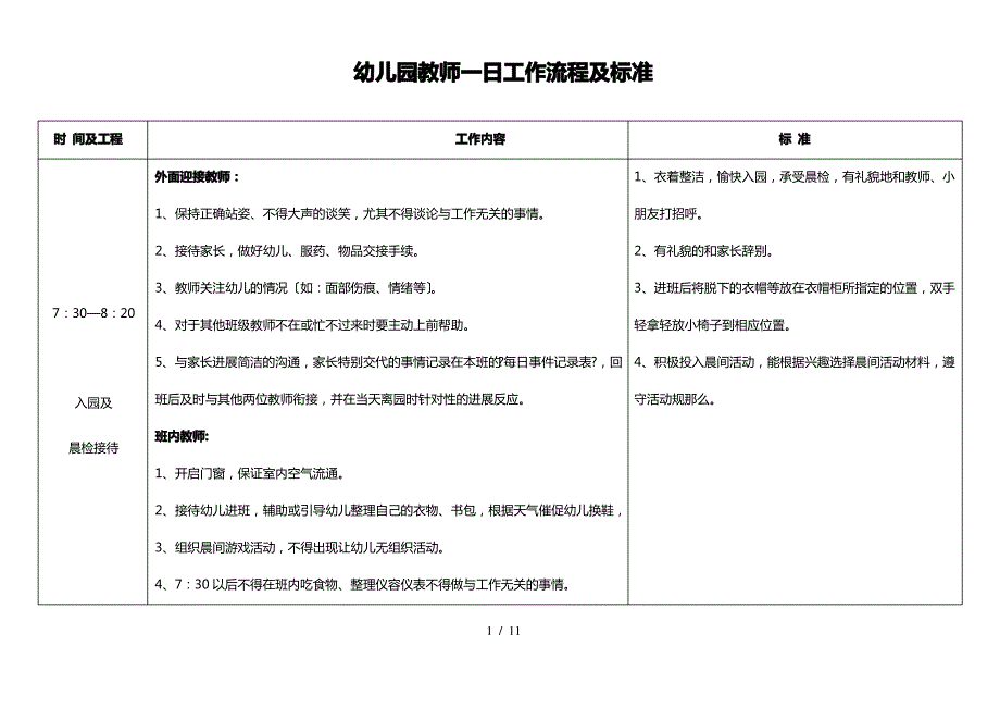 幼儿园教师一日工作流程和标准_第1页