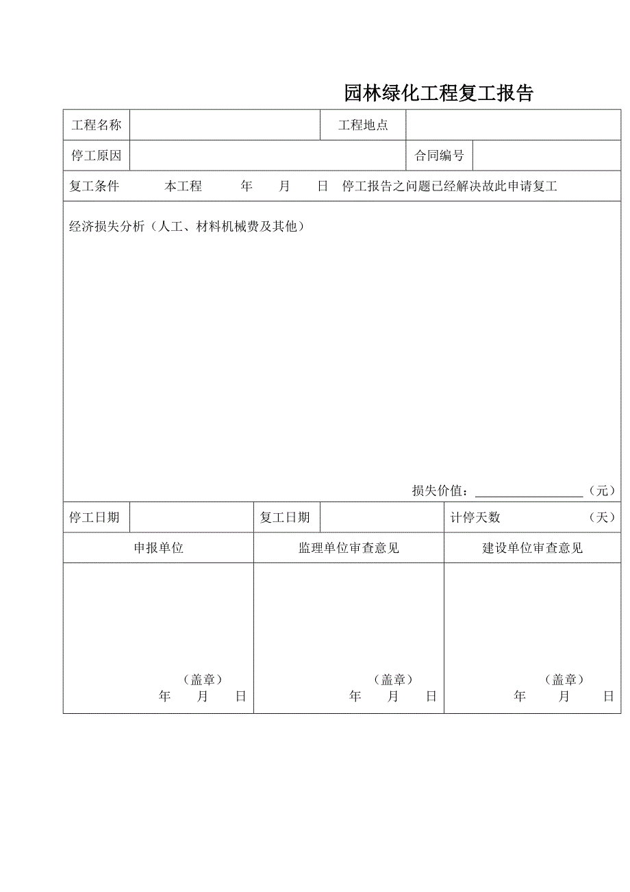园林绿化工程复工报告_第1页