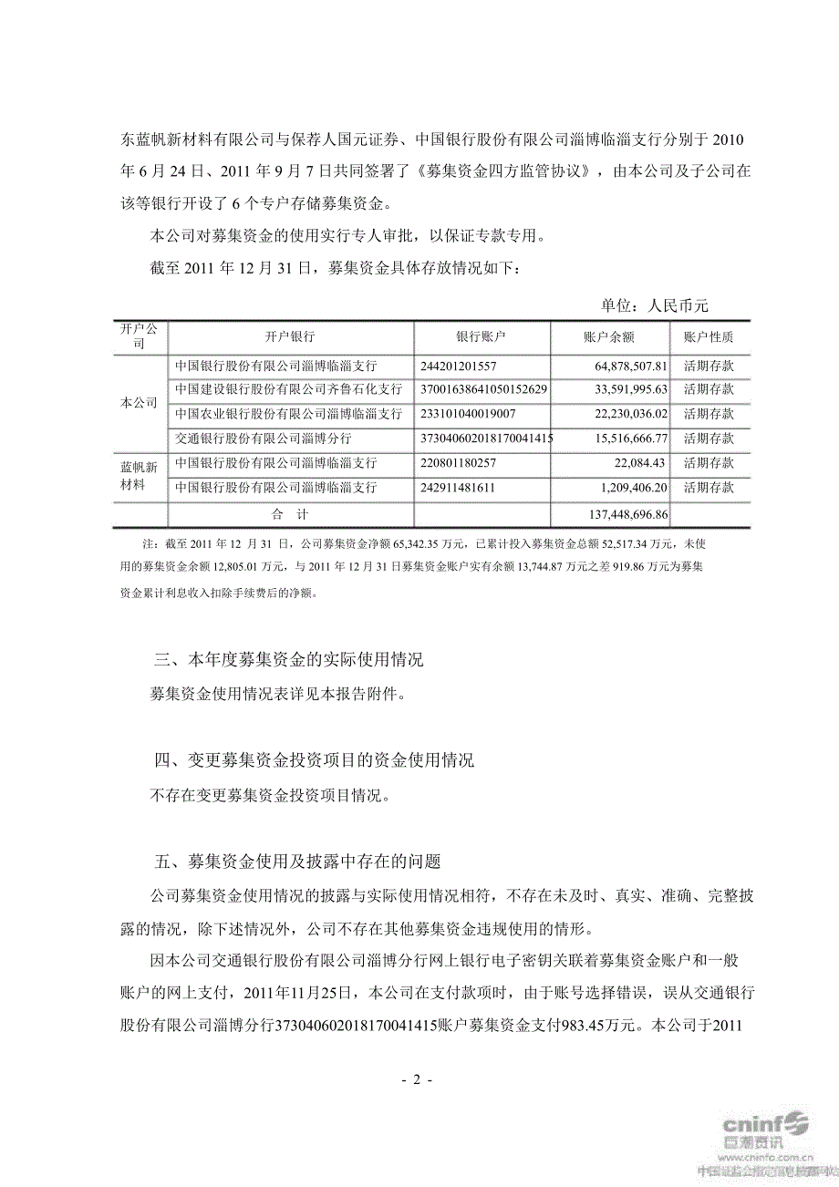 蓝帆股份：关于募集资金实际存放与使用情况的专项报告_第2页