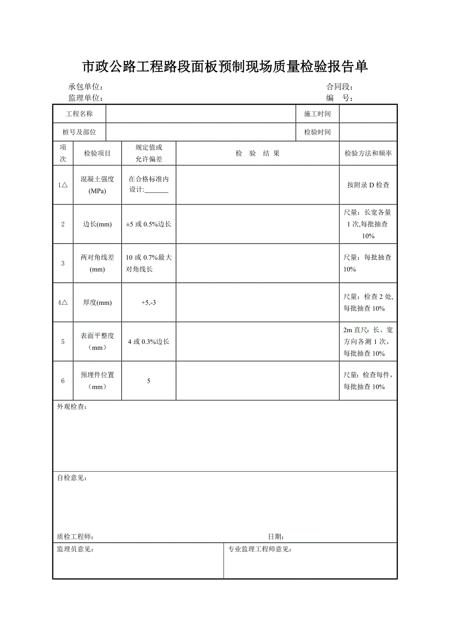 市政公路工程路段面板预制现场质量检验报告单_第1页