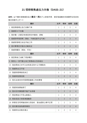 21项抑郁焦虑压力问卷（DASS-21）