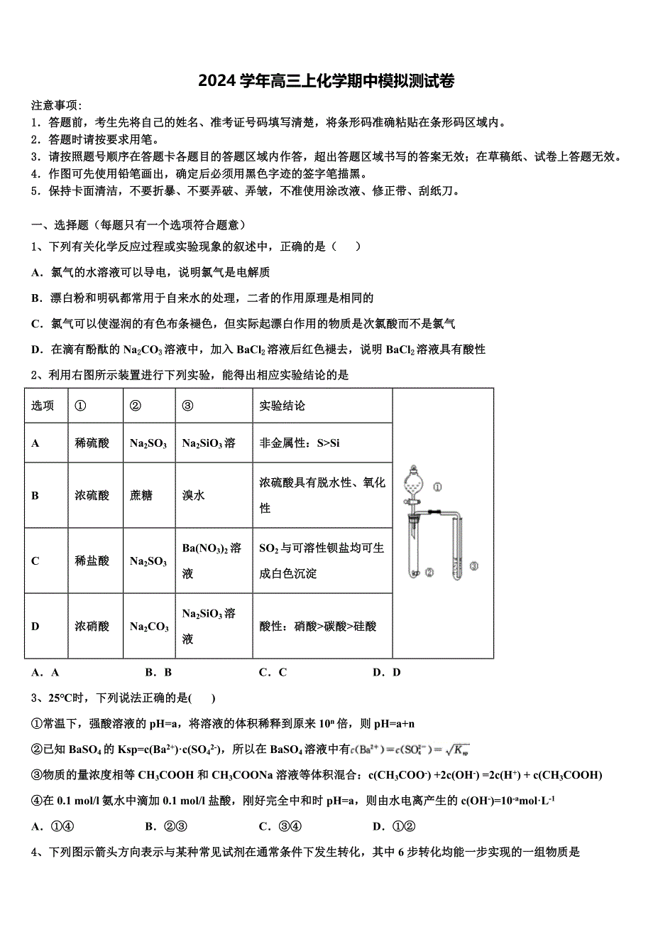 福建省漳浦达志中学2024学年高三化学第一学期期中复习检测试题（含解析）_第1页