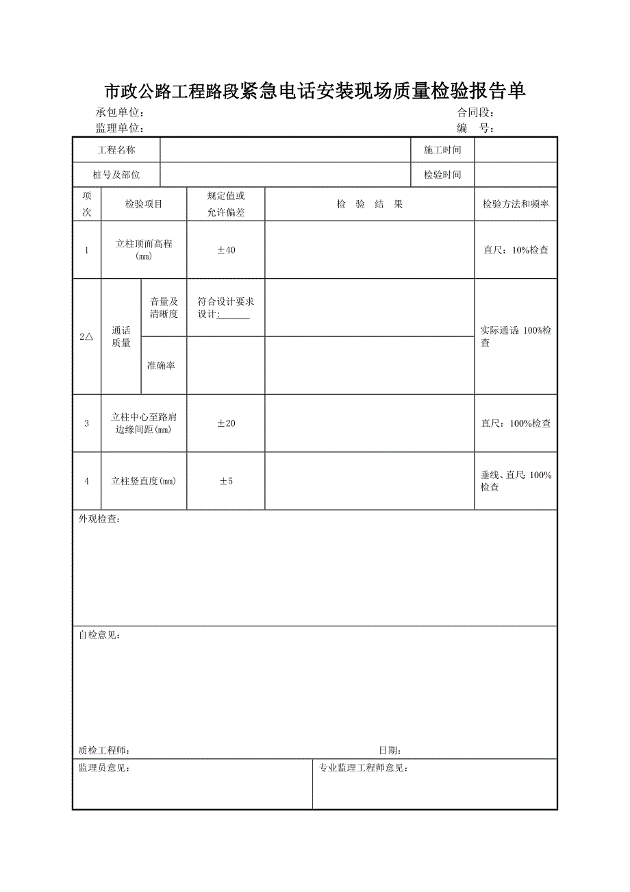 市政公路工程路段紧急电话安装现场质量检验报告单_第1页
