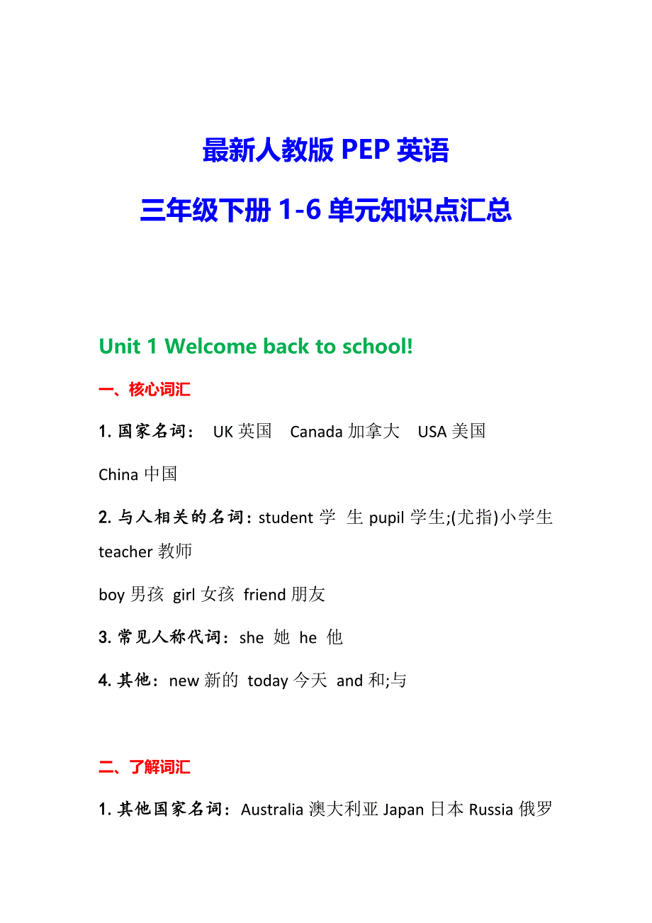 最新人教版英语三年级下册各单元知识点总结_第1页