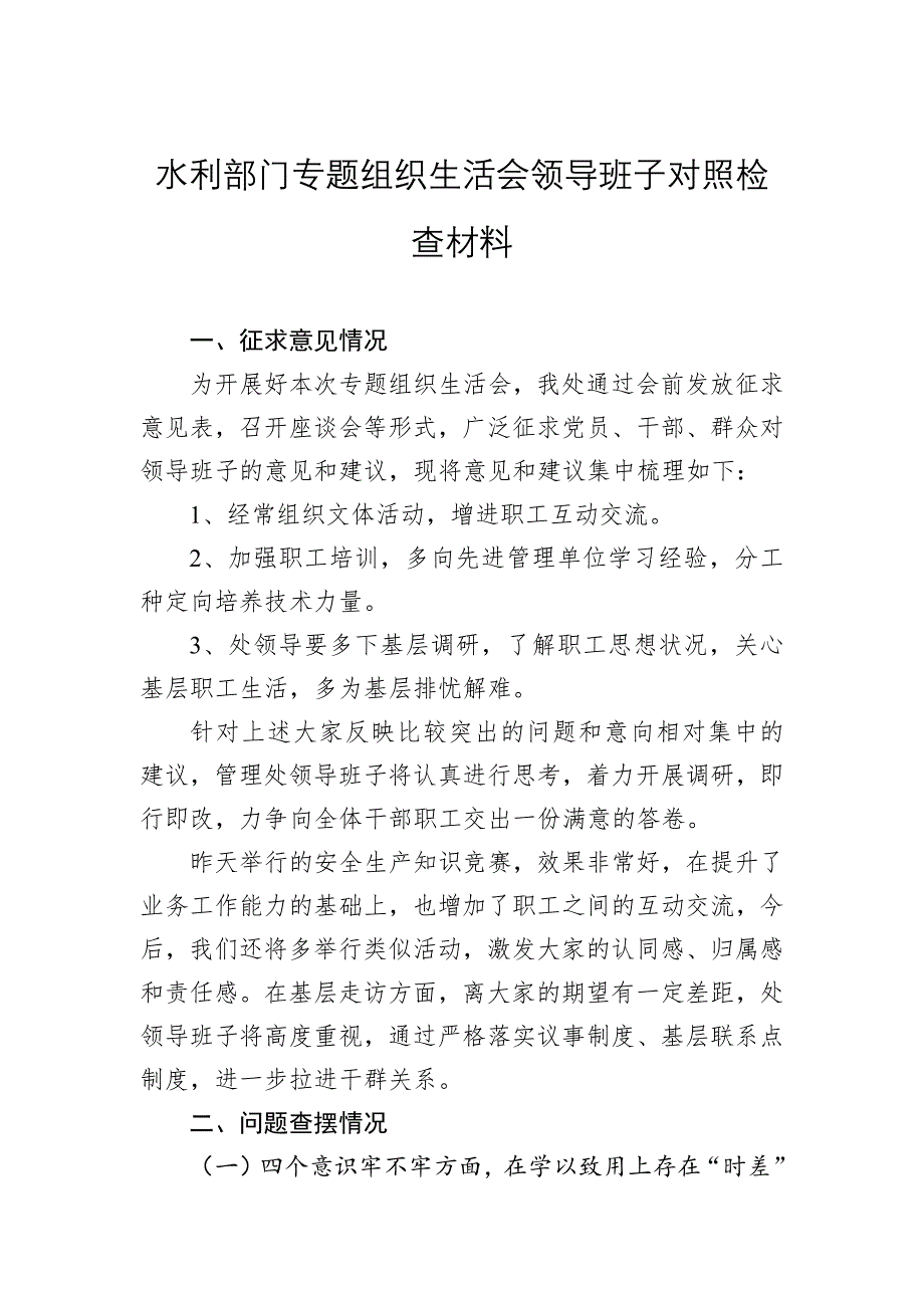 2022年水利部门专题组织会领导班子检查材料_第1页