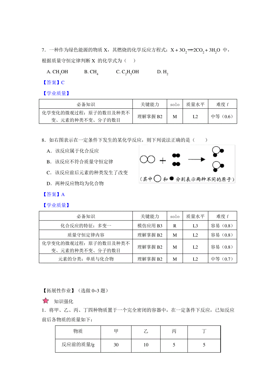 初中九年级化学质量守恒定律(第1课时)作业_第3页