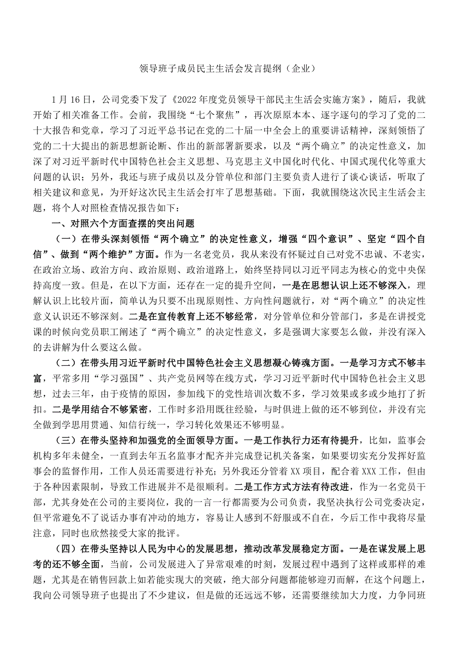 领导班子成员民主会发言提纲（企业）_第1页