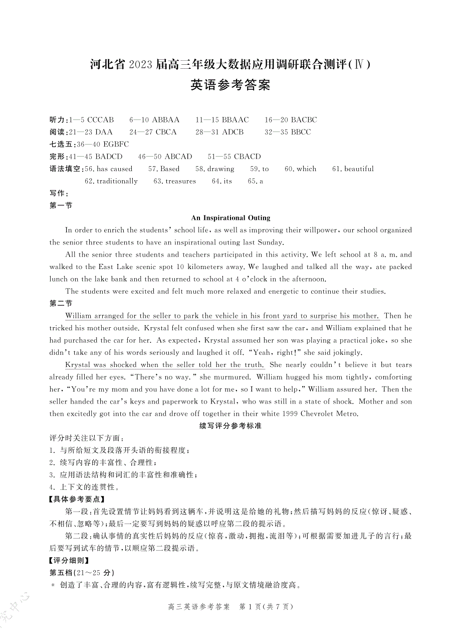 河北省部分学校2023届高三下学期大数据应用调研联合测评（Ⅳ）英语答案和解析_第1页