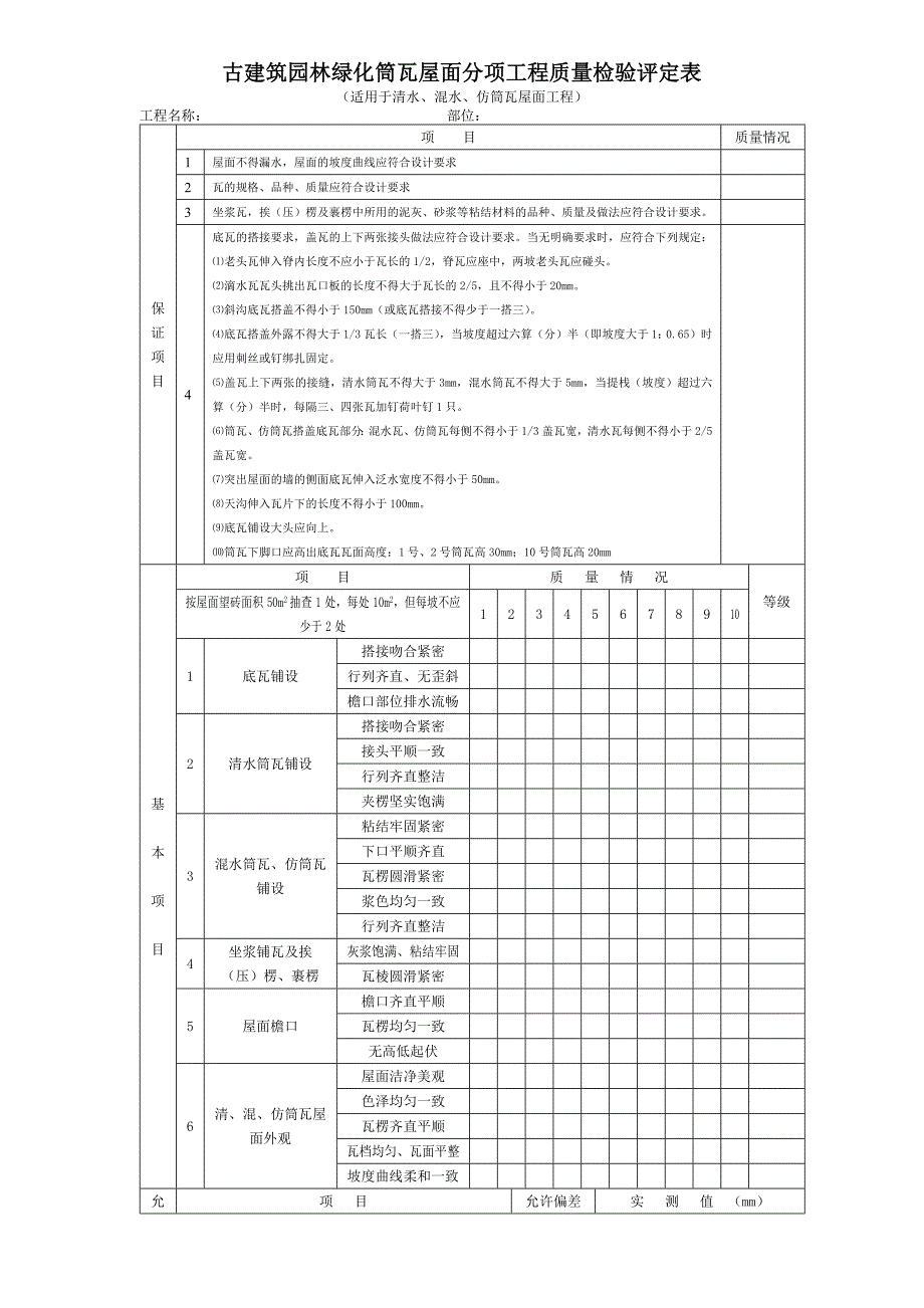 古建筑园林绿化筒瓦屋面分项工程质量检验评定表_第1页