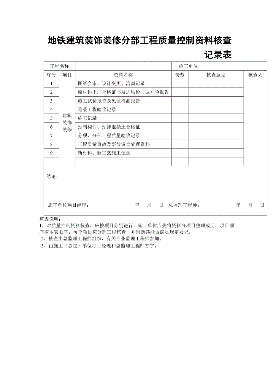 地铁建筑装饰装修分部工程质量控制资料核查记录表_第1页