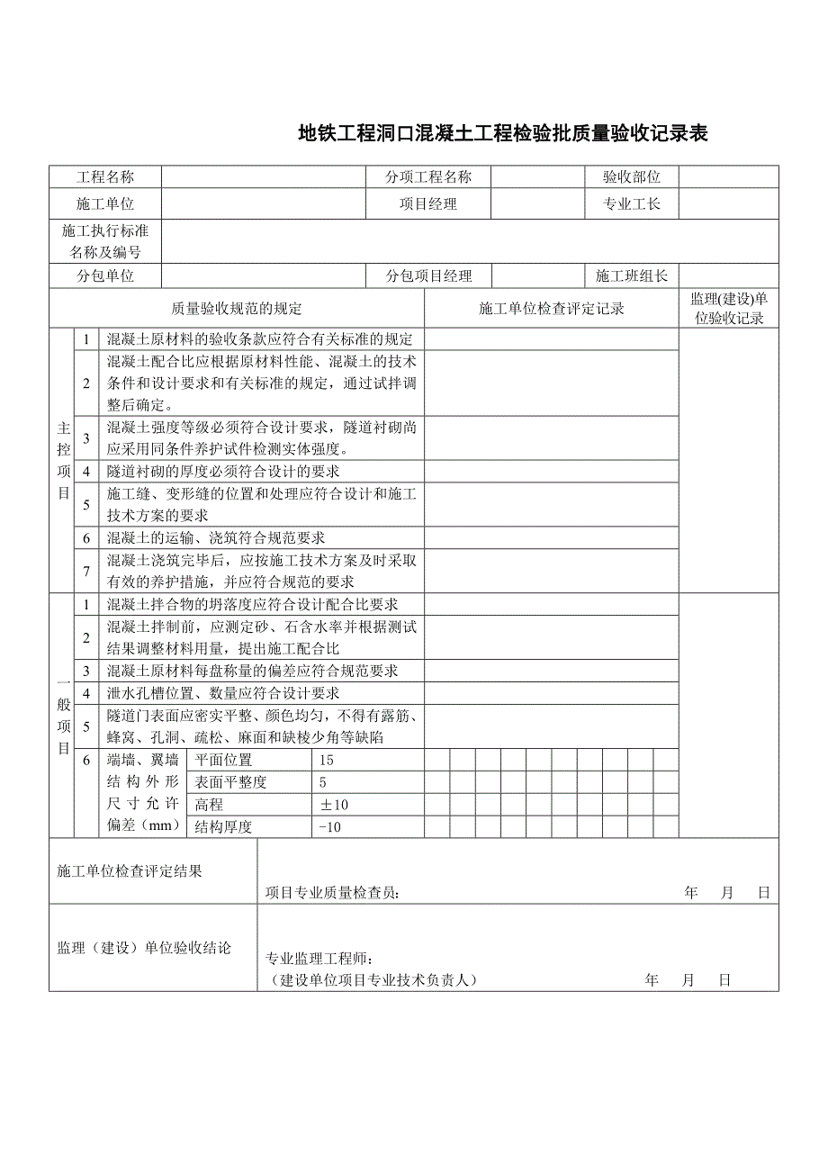 地铁工程洞口混凝土工程检验批质量验收记录表_第1页