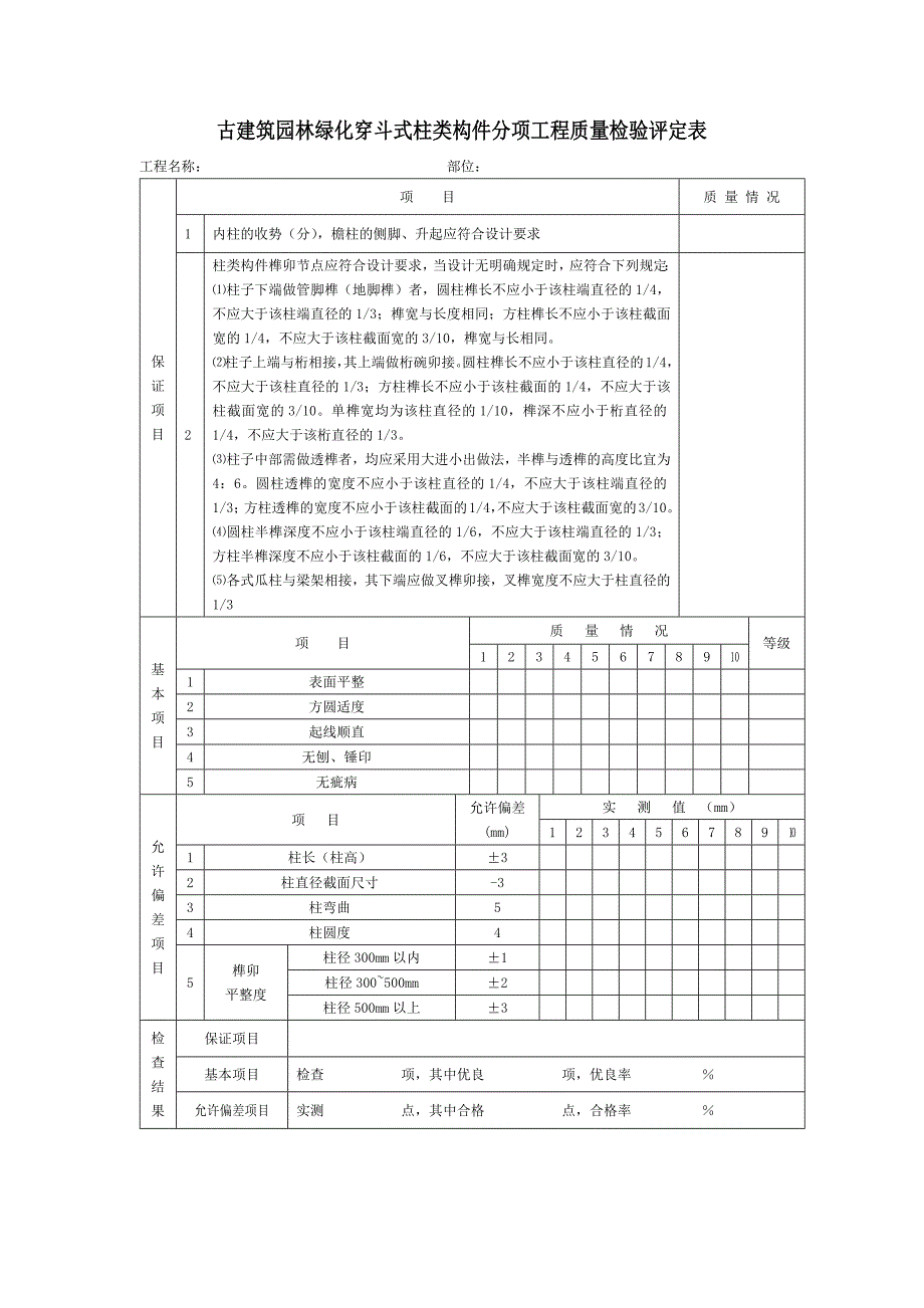 古建筑园林绿化穿斗式柱类构件分项工程质量检验评定表_第1页