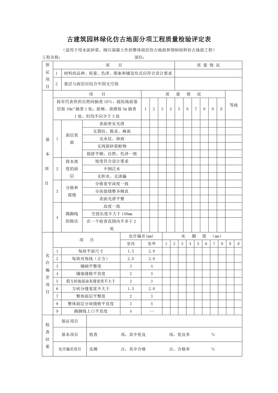 古建筑园林绿化仿古地面分项工程质量检验评定表_第1页