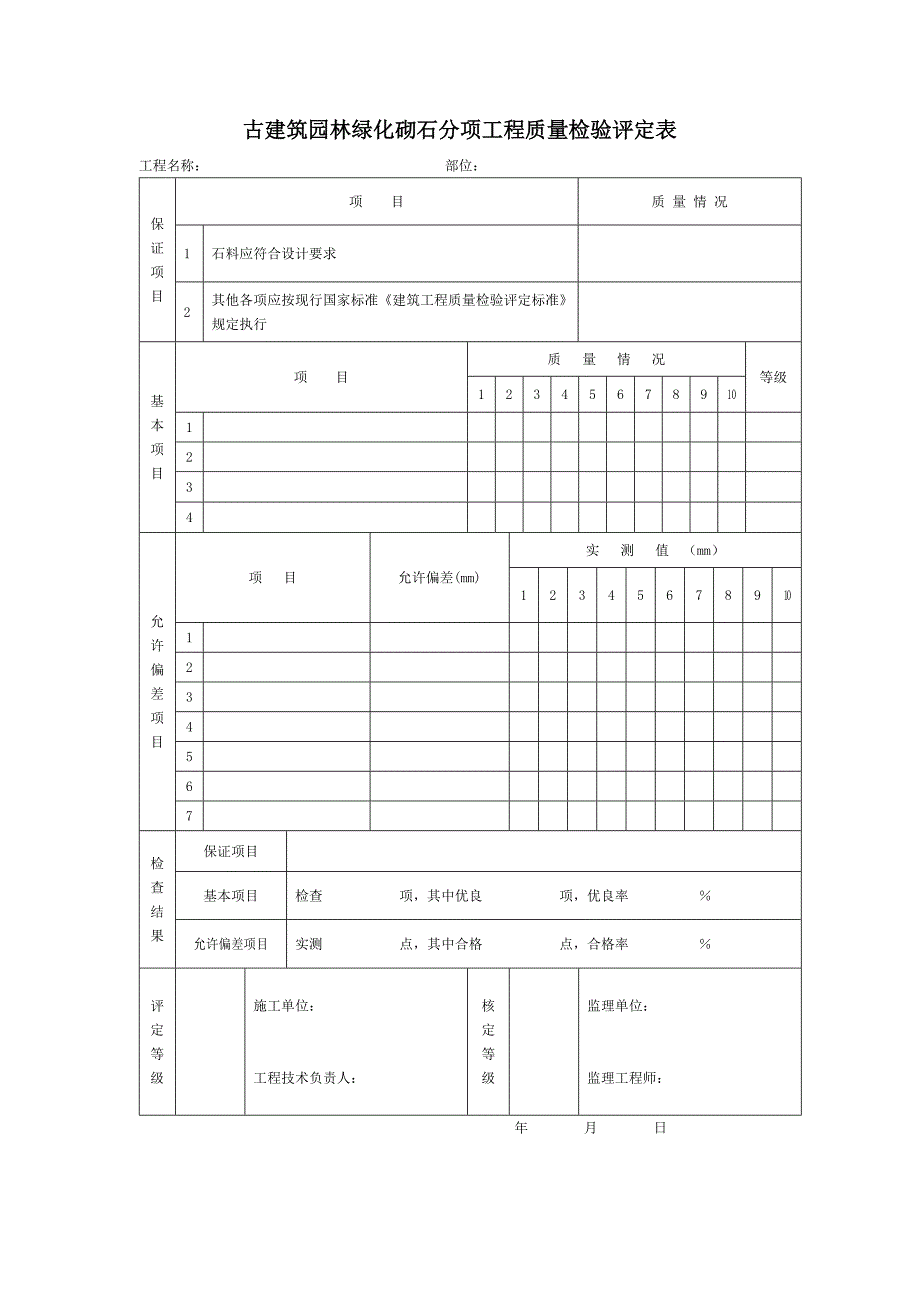 古建筑园林绿化砌石分项工程质量检验评定表_第1页