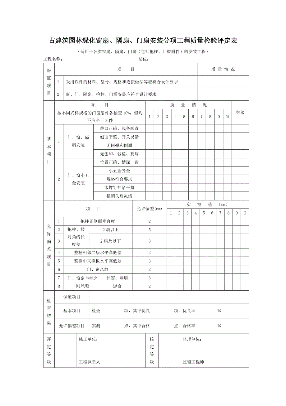 古建筑园林绿化窗扇、隔扇、门扇安装分项工程质量检验评定表_第1页