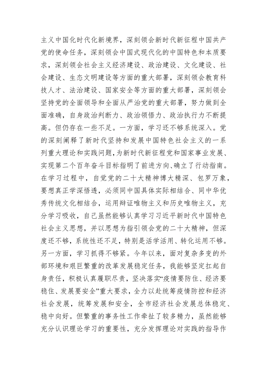 市长2022年度民主会对照检查材料（六个带头）_第2页