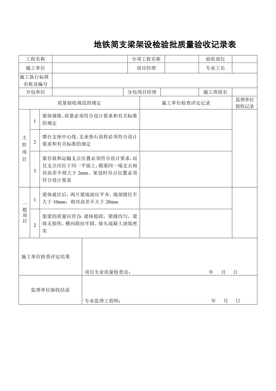 地铁简支梁架设检验批质量验收记录表_第1页