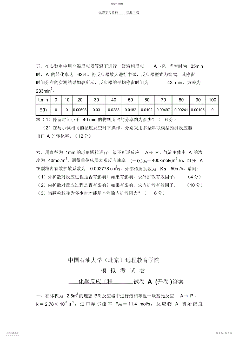 2022年化学反应工程-模拟题一及答案_第2页