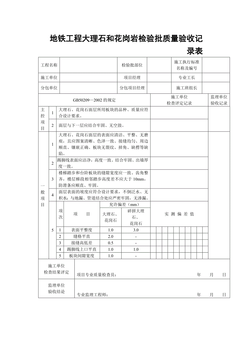 地铁工程大理石和花岗岩检验批质量验收记录表_第1页