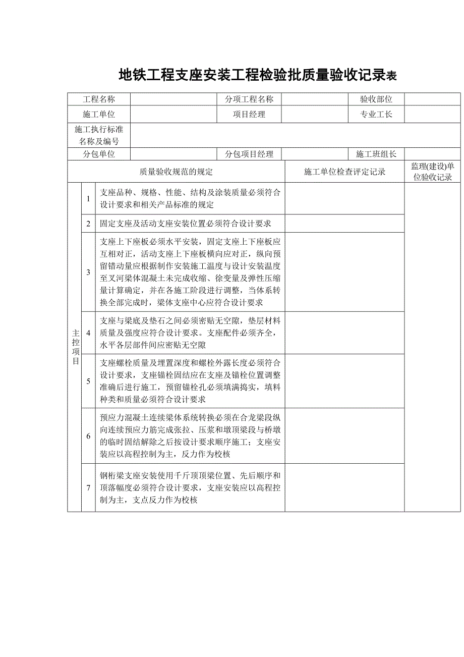 地铁工程支座安装工程检验批质量验收记录表_第1页