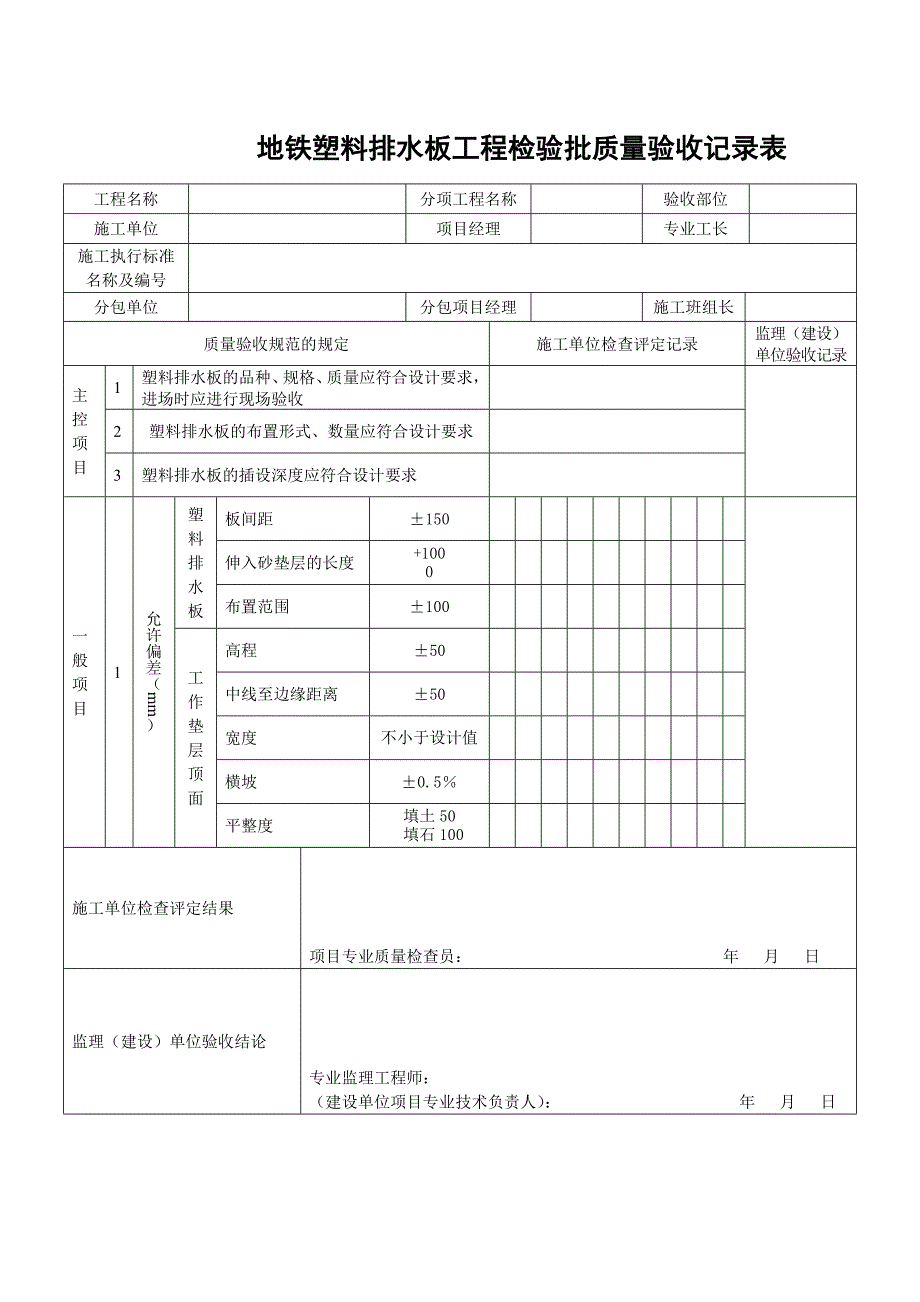 地铁塑料排水板工程检验批质量验收记录表_第1页