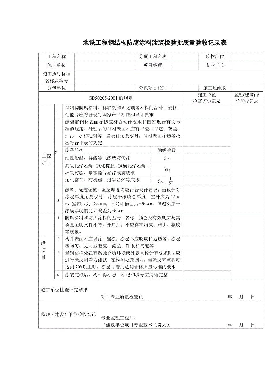 地铁工程钢结构防腐涂料涂装检验批质量验收记录表_第1页