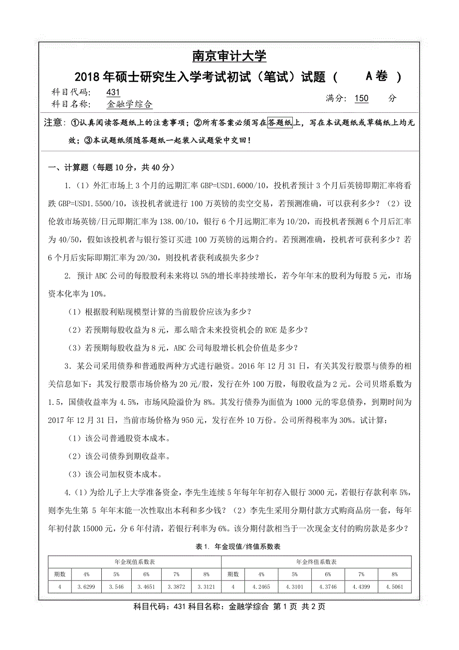 硕士研究生招生2018年《南京审计大学》金融学综合考试真题卷_第1页