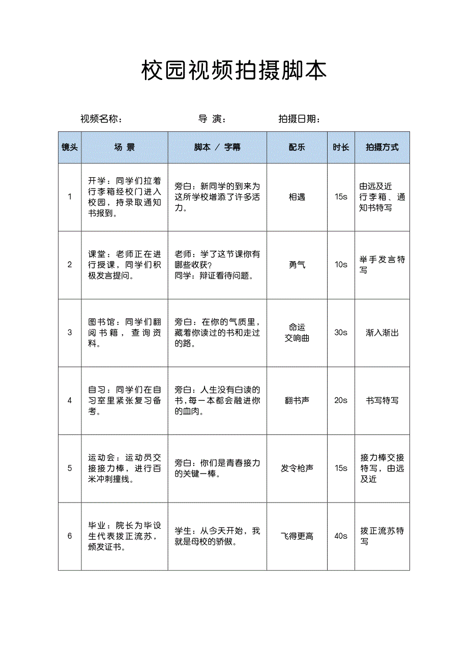 大学校园视频拍摄脚本模板_第1页