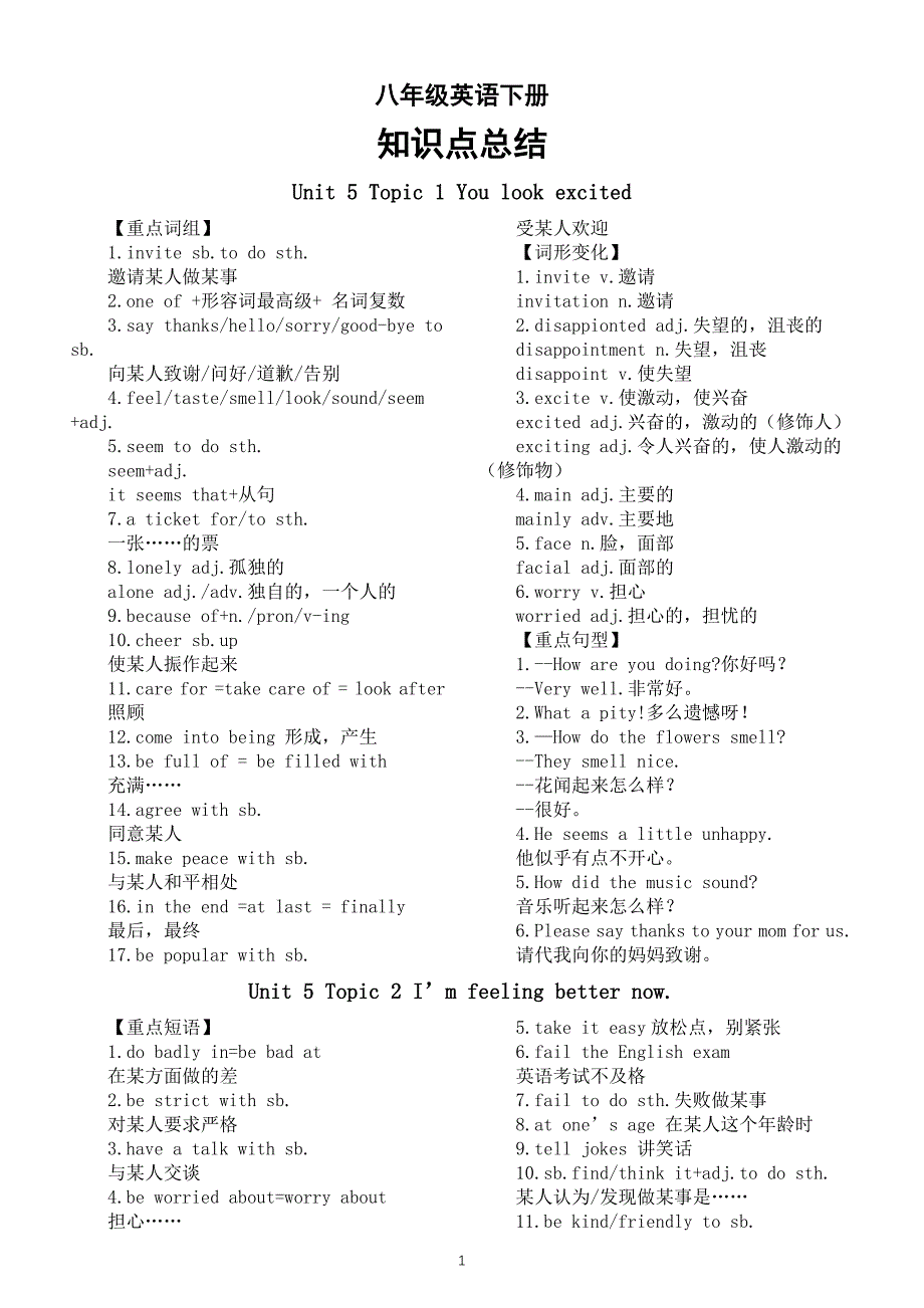 初中英语仁爱版八年级下册全册知识点总结（分单元编排）_第1页
