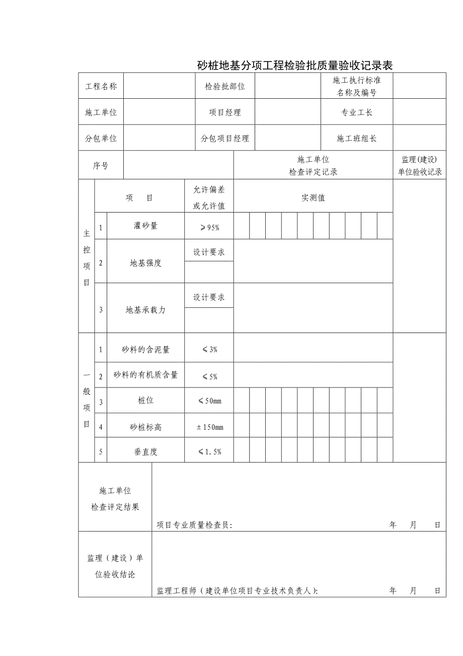 砂桩地基分项工程检验批质量验收记录表_第1页