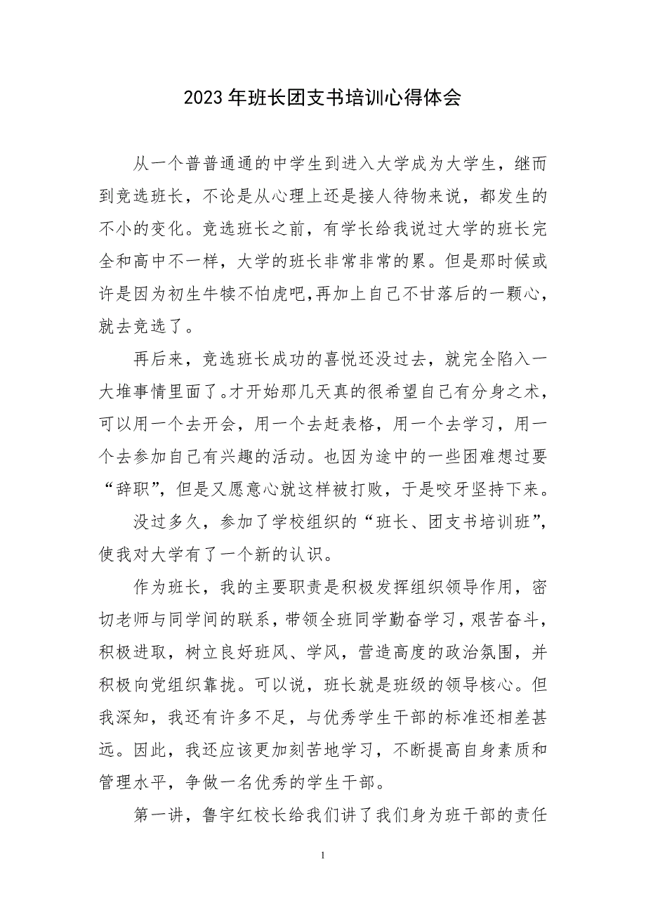 2023年班长团支书培训心得体会简要_第1页