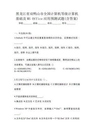 黑龙江省双鸭山市全国计算机等级计算机基础及MS Office应用预测试题(含答案)
