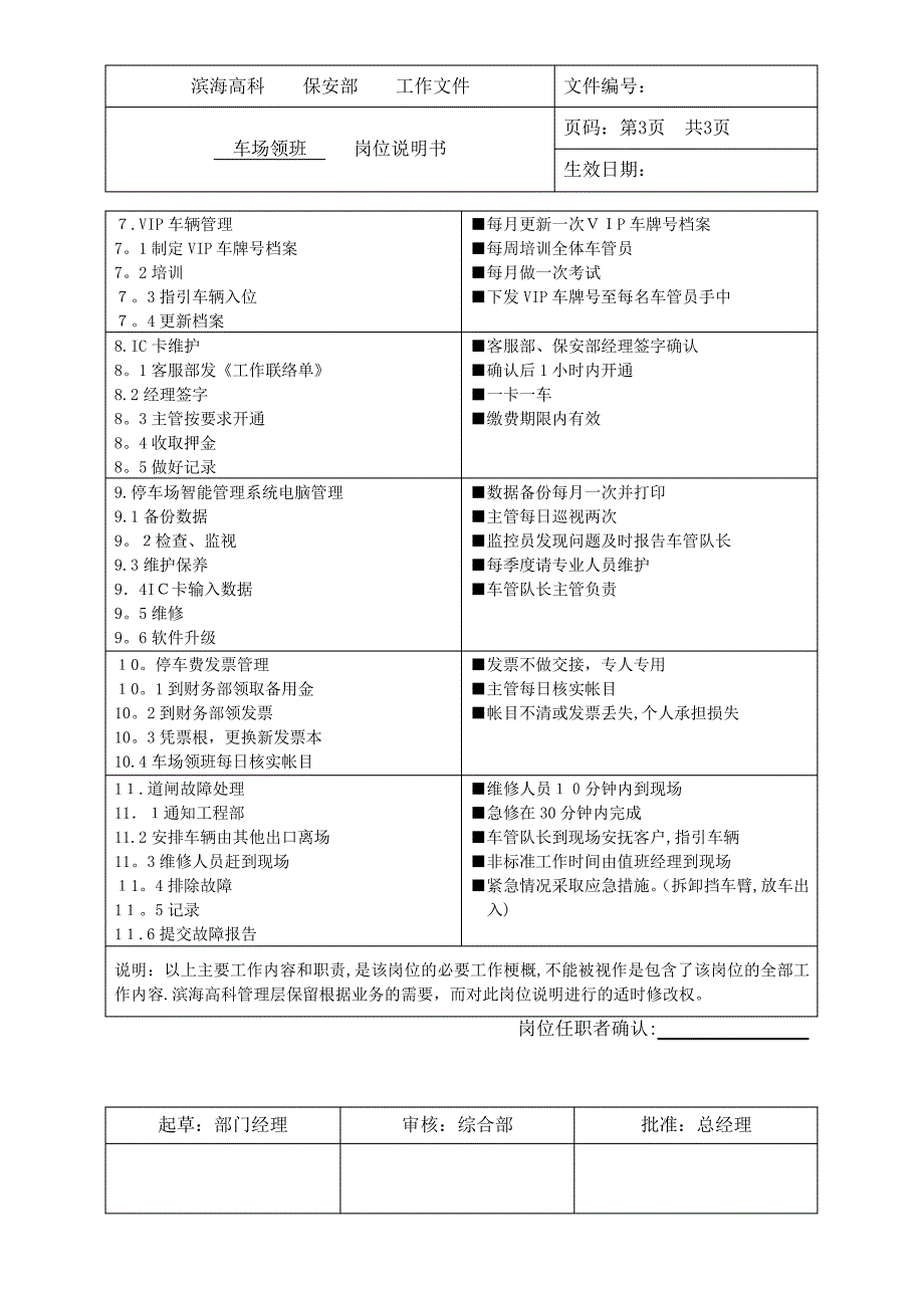 岗位说明书-保安部-车场领班_第3页