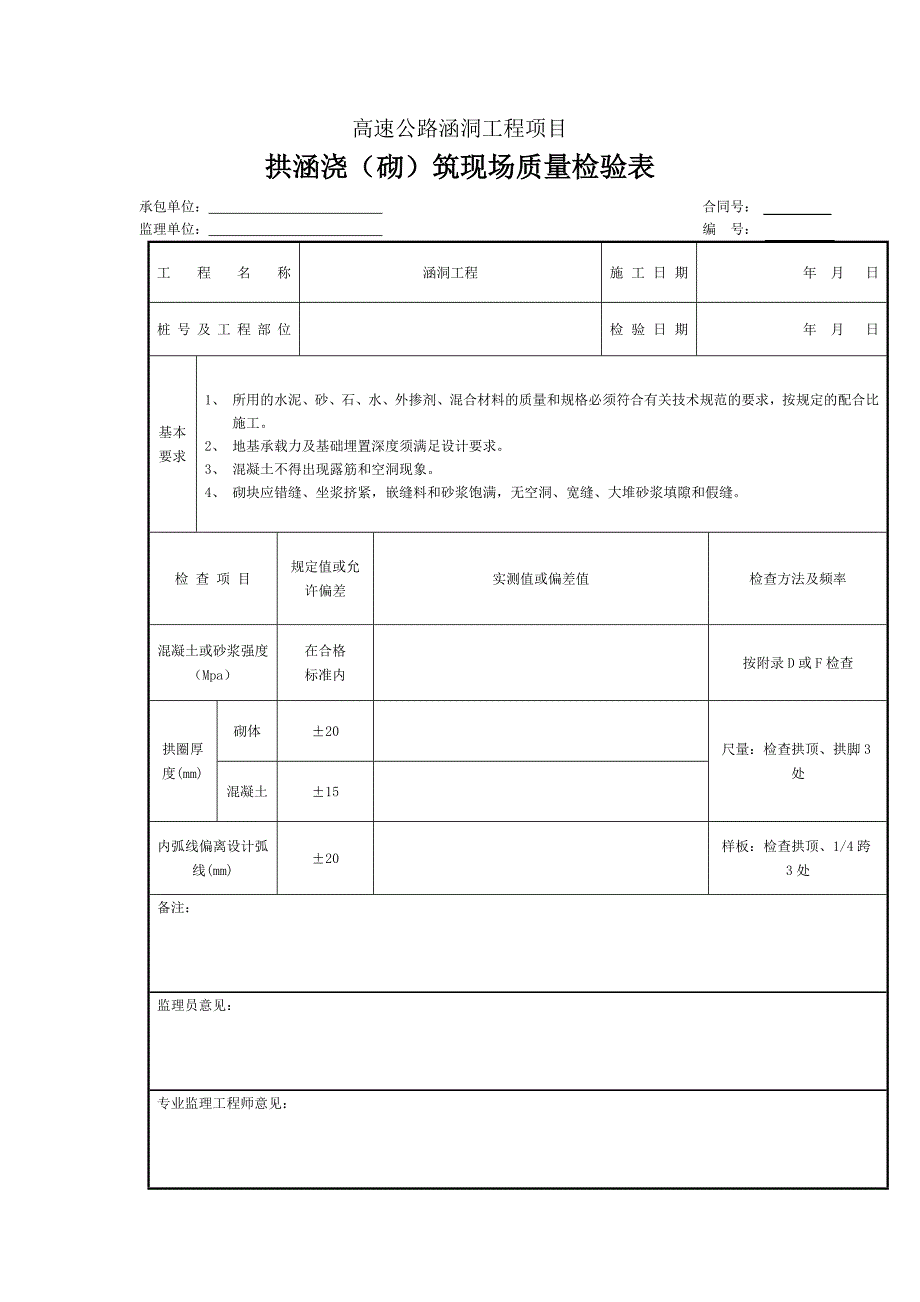 高速公路涵洞工程项目拱涵浇（砌）筑现场质量检验表_第1页