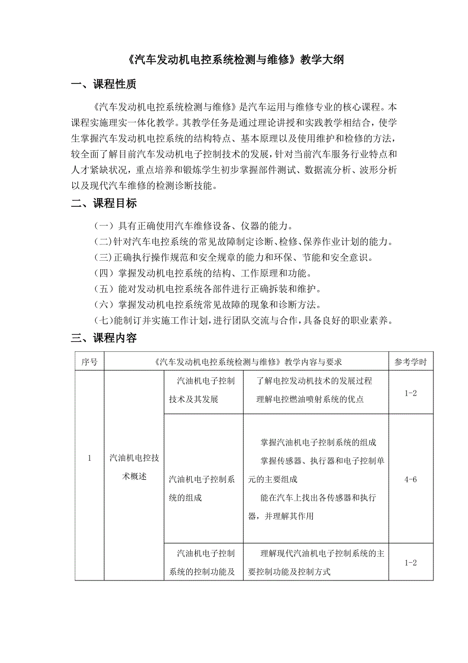 《汽车发动机电控系统检测与维修》教学大纲_第1页