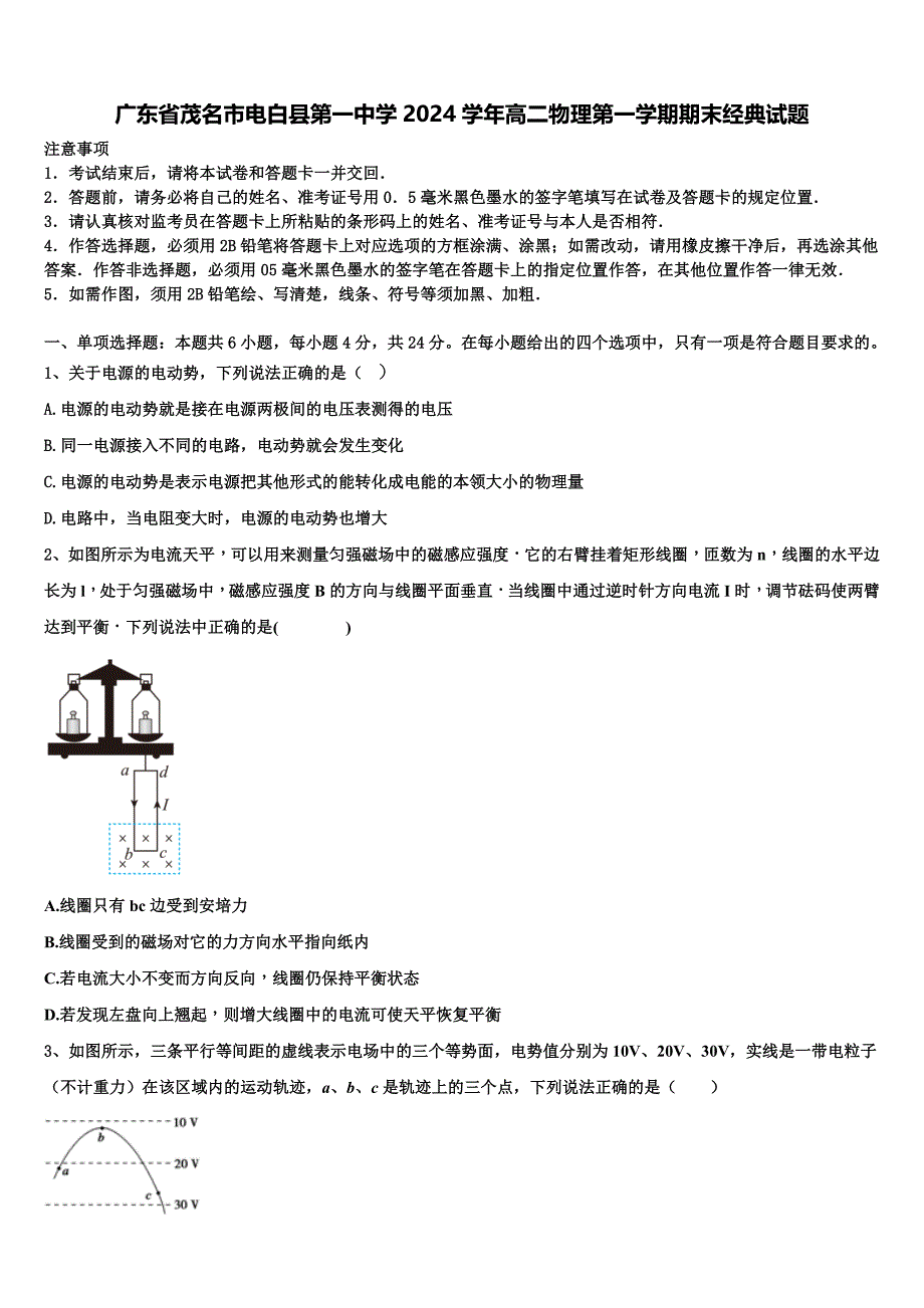 广东省茂名市电白县第一中学2024学年高二物理第一学期期末经典试题含解析_第1页