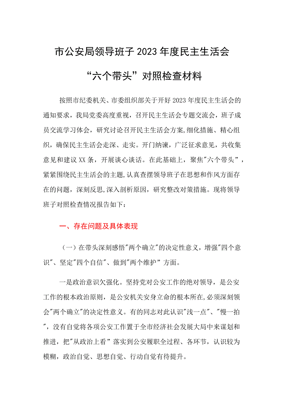 市公安局班子带头对照检查材料_第1页