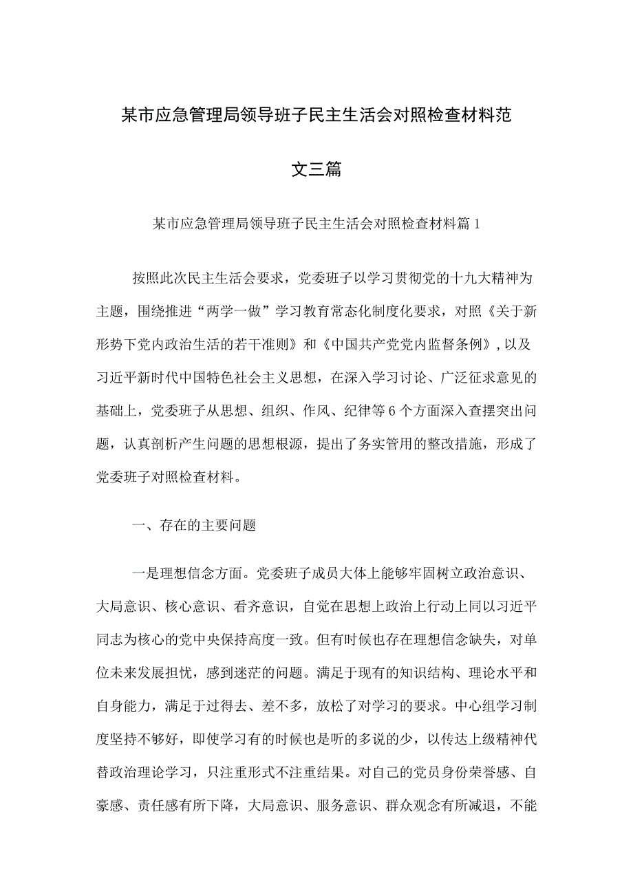 某市应急管理局班子对照检查材料范文_第1页