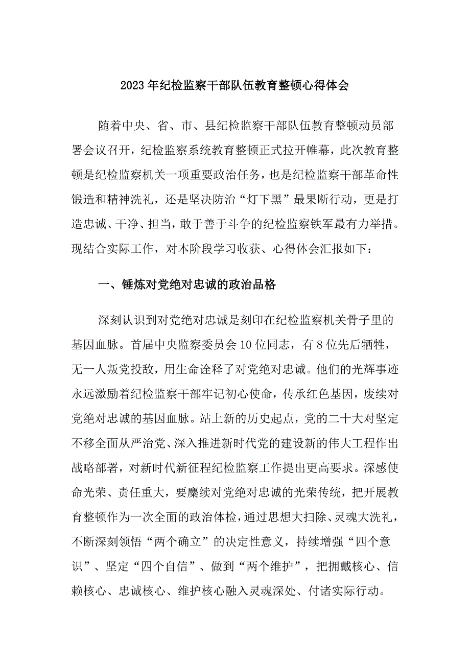 乡村振兴2023年纪检监察干部队伍教育整顿个人心得体会（汇编6份）_第1页