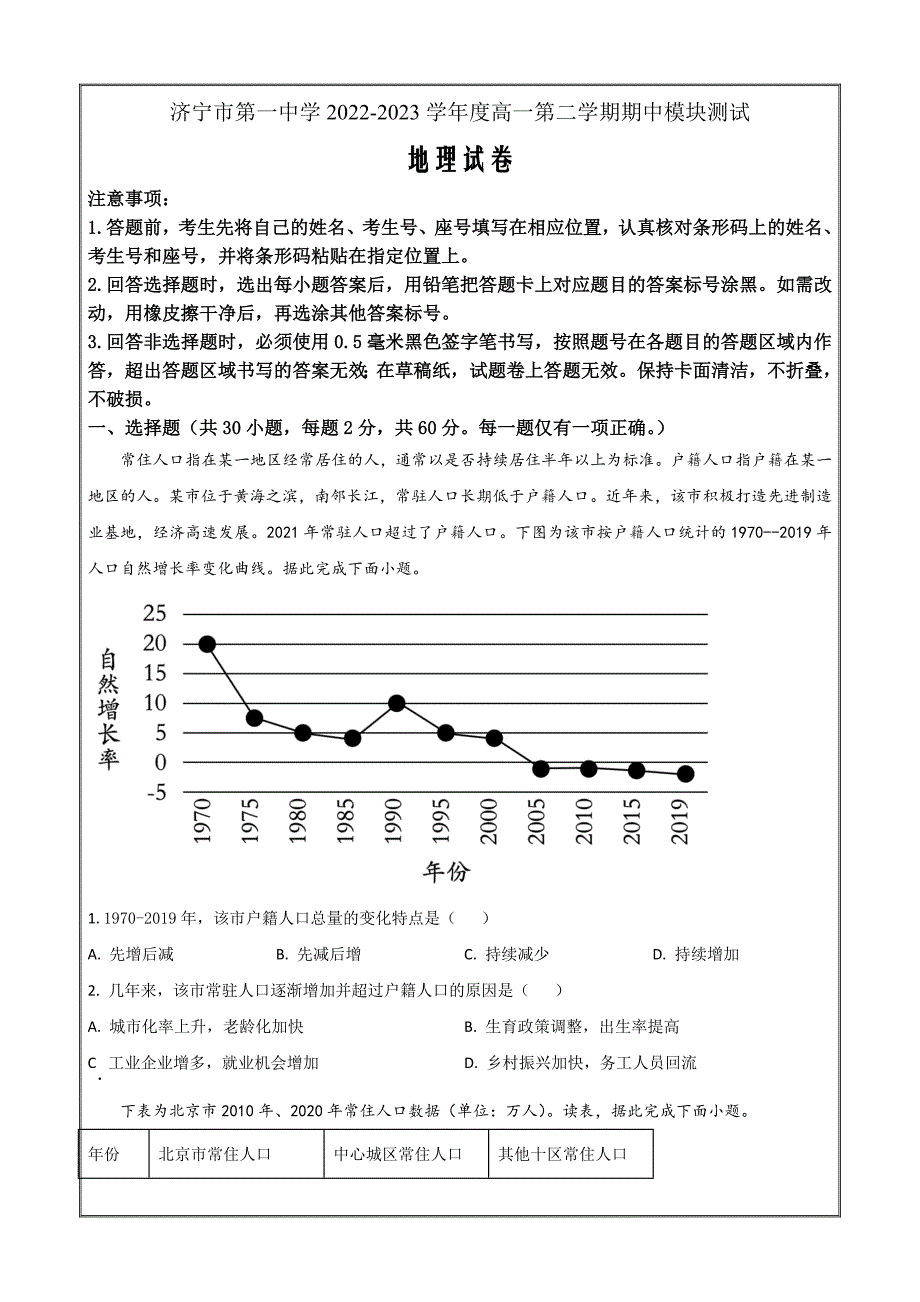 山东省济宁市第一中学2022-2023学年高一下学期期中考试地理Word版_第1页