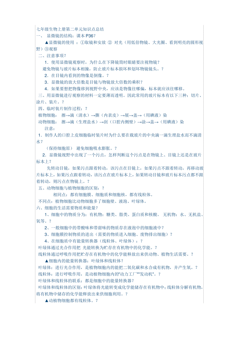 七年级生物上册第二单元知识点总结_第1页