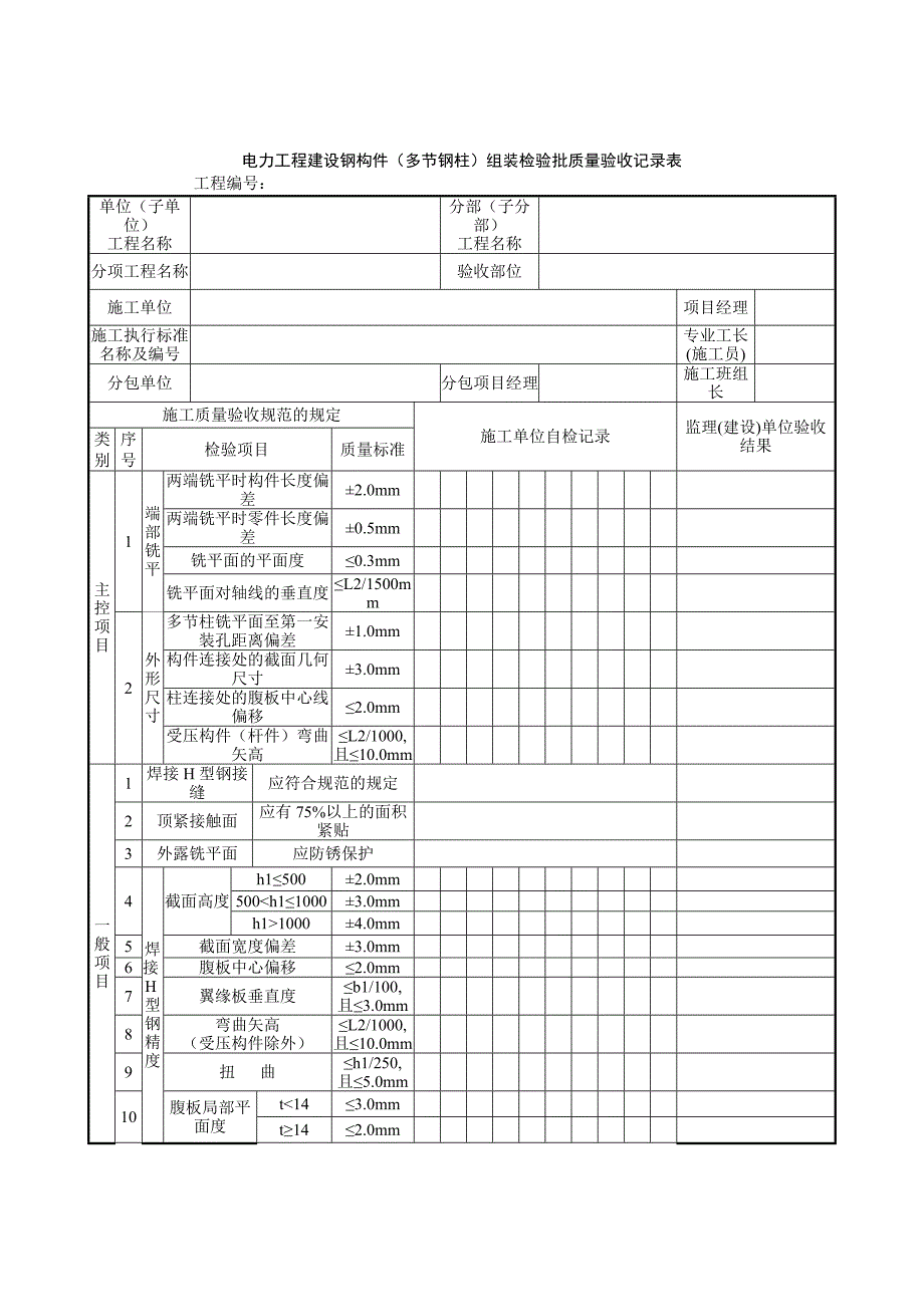 电力工程建设钢构件（多节钢柱）组装检验批质量验收记录表_第1页