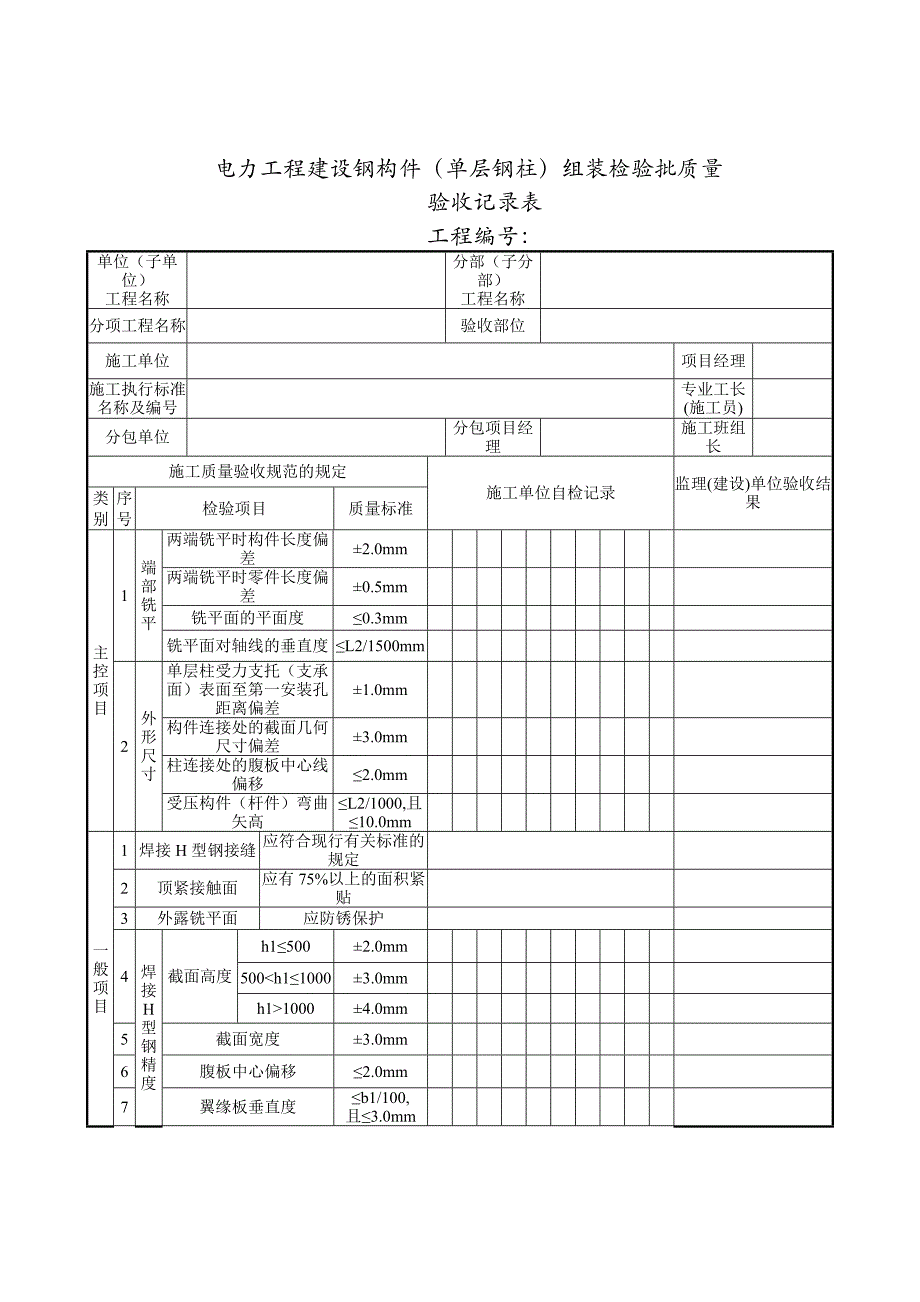 电力工程建设钢构件（单层钢柱）组装检验批质量验收记录表_第1页
