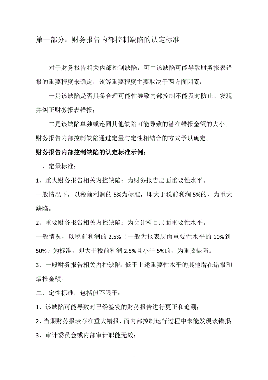 内部控制工作底稿-内控缺陷定量定性标准（示例）_第1页