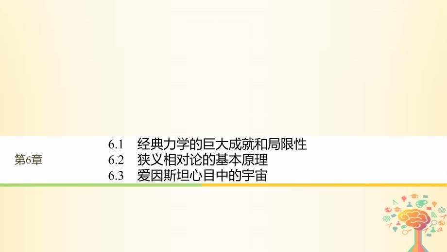 物理 第6章 经典力学与现代物理 6.1 经典力学的巨大成就和局限性 6.2 狭义相对论的基本原理 6.3 爱因斯坦心目中的宇宙 沪科版必修2_第1页