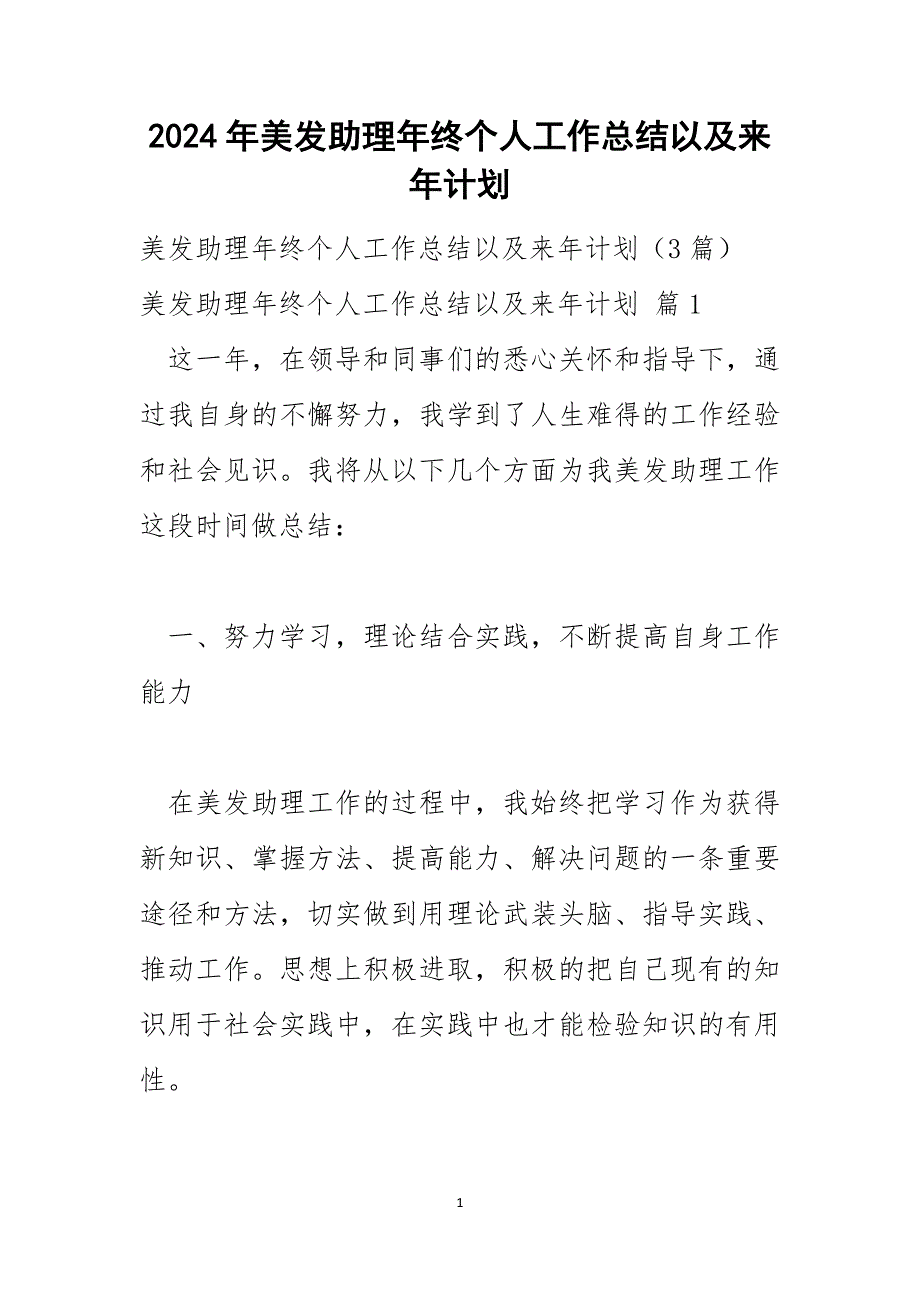 2024年美发助理年终个人工作总结以及来年计划_第1页