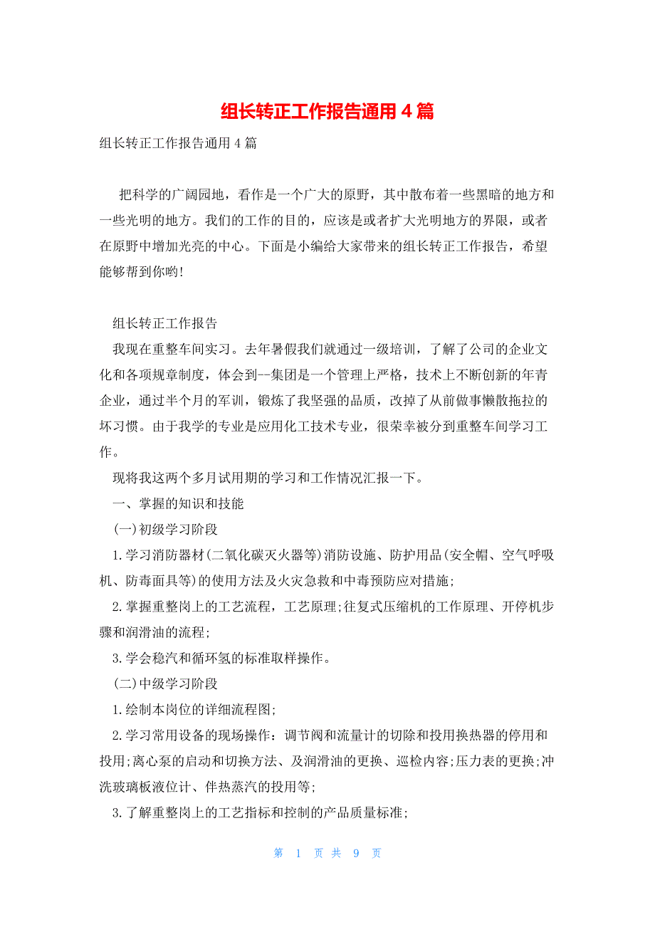 组长转正工作报告通用4篇_第1页